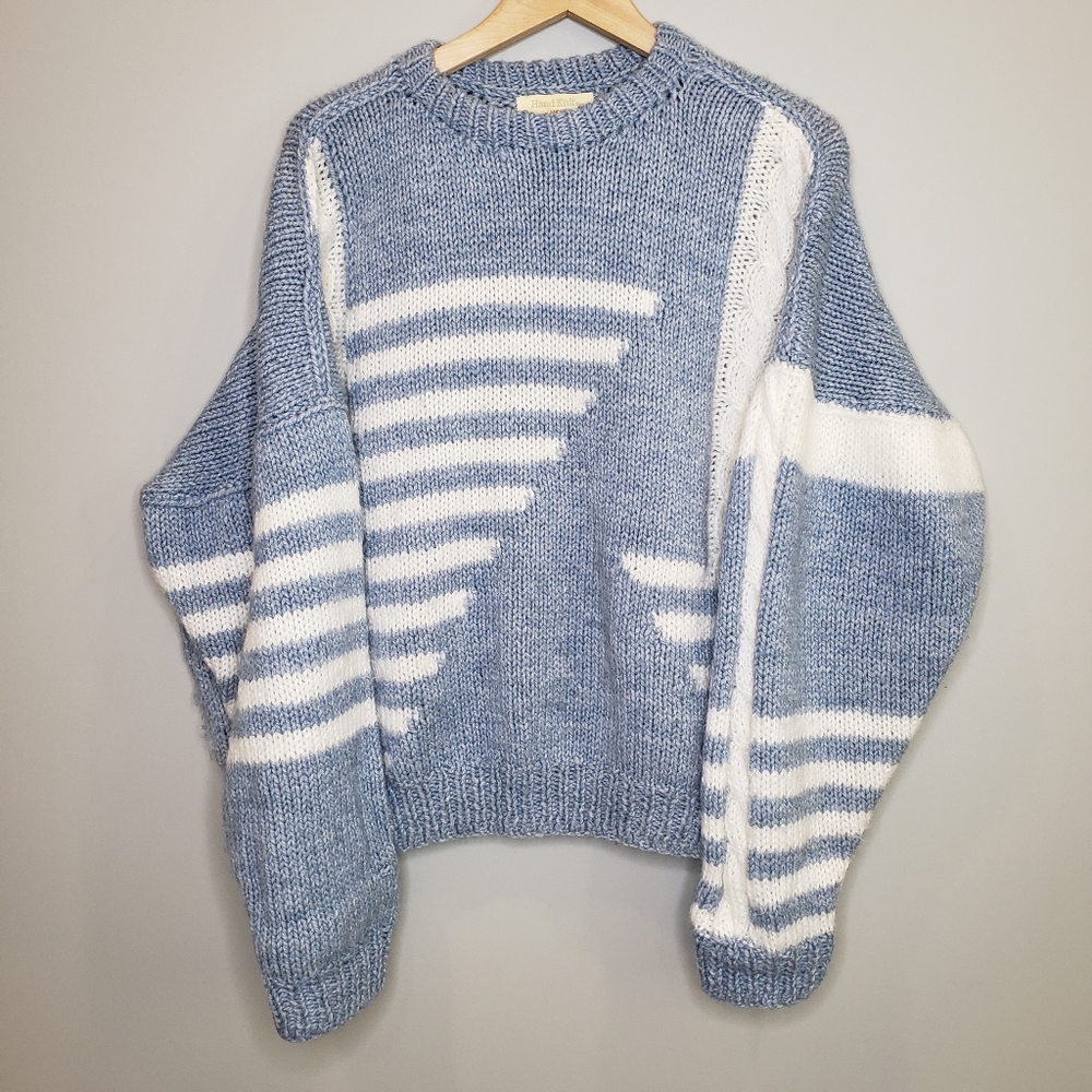 Handknit Crewneck Sweater Alternating Pattern Nautical Blue Chunky Knit